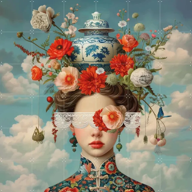 IXXI Flower Parade, Mirjam Duizendstra - 120 x 120 cm - Grote wanddecoratie en posters - Decoratieve kunsten, Surrealisme, Modern, Digitale Kunst Blauw