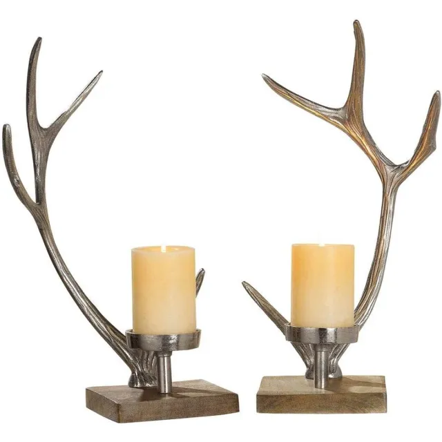 Radey's GILDE Kaarsenstandaard gewei van aluminium met houten voet, 41,5x19,5x14 cm, zilver