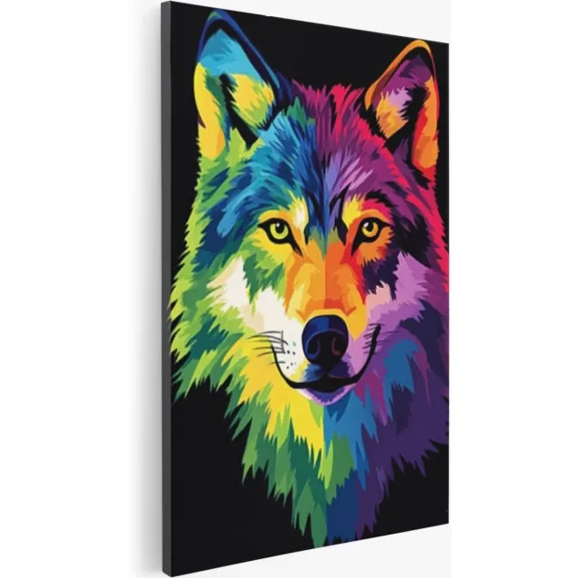 Saammp Canvas Schilderij - Abstract - wolf - Kleurrijk - Kunst - Dieren - 20x30 - Foto op canvas - Wanddecoratie - Muurdecoratie Woonkamer - Slaapkamer decoratie - Canvas Print Multicolor