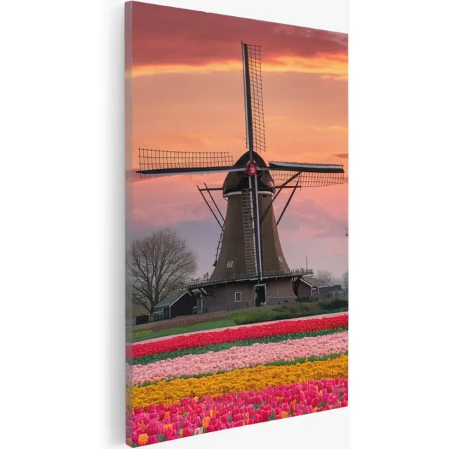 Saammp Canvas Schilderij - Molens met Tulpenvelden - Natuur - 60x90 - Foto op canvas - Wanddecoratie - Muurdecoratie Woonkamer - Slaapkamer decoratie - Canvas Print Multicolor