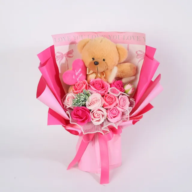La Roselle Amsterdam Teddybeer met Roze Kunstrozen – Luxe Cadeauboeket met Beer – Romantisch Kerst cadeau Speelgoed