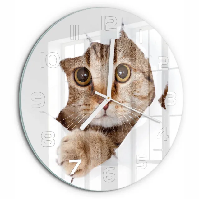 TULUP Wandklok - Kat Wandklok Glas Decoratie - fi30 cm - Beige Gekleurde Glazen Klok - Witte handen - Ronde Klok - Klok Glas Met Opdruk - Moderne Wandklok Glas