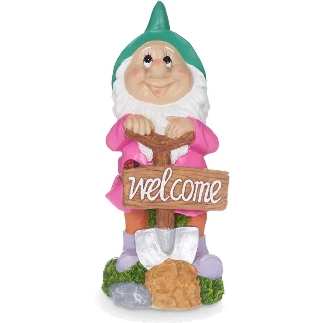 Giftdecor Tuinkabouter beeldje met Welcome bord - Polyresin - muts groen - 27 cm - decoratie dwerg