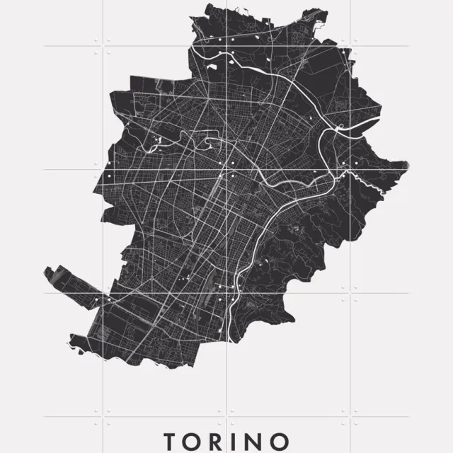 IXXI Torino City Map, Kunst in Kaart - 80 x 100 cm - Grote wanddecoratie en posters - Minimalisme, Grafisch Ontwerp, Technische Tekening, Woonkamer Zwart / Zwart en wit / Monochroom