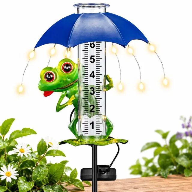 VHV Regenmeter - Regenmeter Tuin - 7 Inch 250 ML - Regenmeter Met Grondpen - Met Solar LED‑lamp - Roestvrij stalen frame - Kikker met paraplu - Neerslagmeter - Tuindecoratie - Buitenverlichting - Tuinbeelden voor buiten