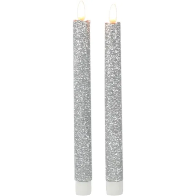 Magic Flame Dinerkaarsen - LED - 8x stuks - zilver - 25 cm - met glitters - Woondecoratie - Elektrische kaarsen - warm wit