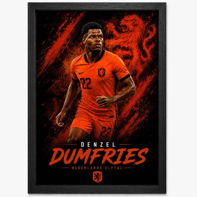 Joshimo Denzel Dumfries Nederland Poster KNVB Inclusief Zwarte A4 Lijst | Voetbal Wanddecoratie Oranje Fans