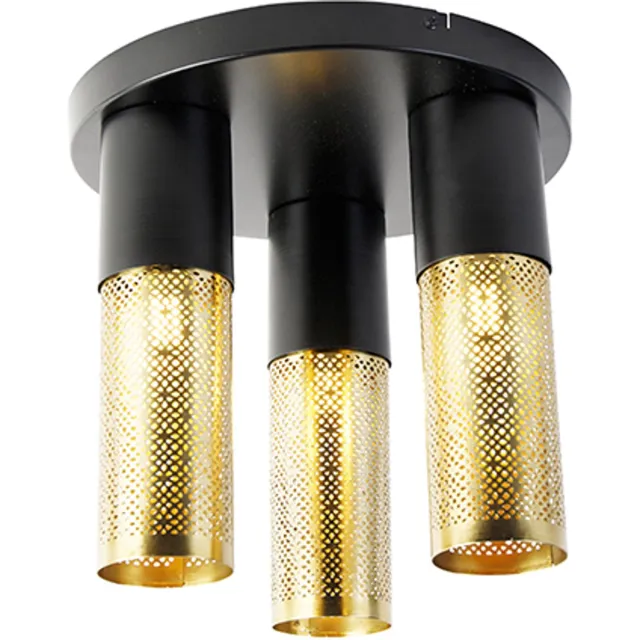 QAZQA raspi - Industriele Plafondlamp - 3 lichts - Ø 30 cm - Zwart Goud - Industrieel - Woonkamer | Slaapkamer | Keuken Zwart Goud 3