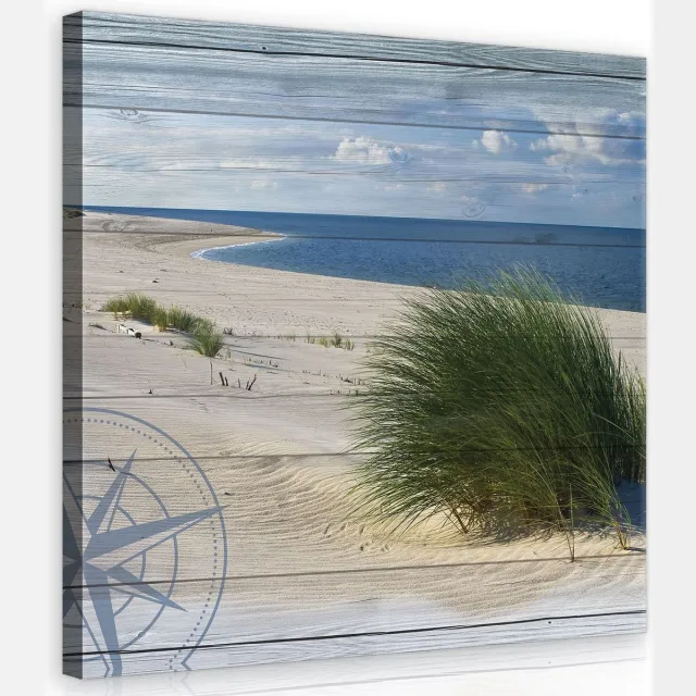 Canvas Schilderij - Duinen - Strand - Hout - Gras - Zee - Oceaan - Water - Wolken - Inclusief Frame - 80x80cm (lxb) Blauw