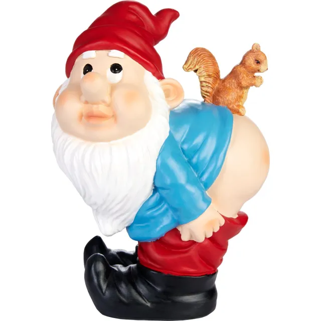 Brubaker Tuinkabouter Toont Zijn Blote Kont - Ondeugende Kabouter met Verlaagde Broek en Eekhoorn - Grappig Tuinbeeldje - Weerbestendige Decoratie voor Tuin Camping en Buiten - 20 cm hoog Eekhoorn op de bodem