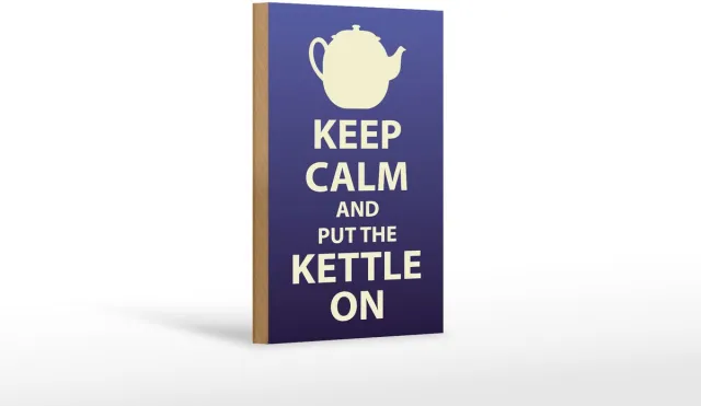 Femer Holzschild Spruch 12x18cm Keep Calm and put the kettle on Blauw