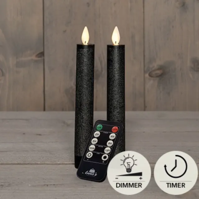 Char Collection LED kaarsen met bewegende vlam 2x - 18cm klein - Antraciet - Anthracite - Afstandsbediening - Timer - Dimmer - Dinerkaars rustiek wax - LED kaars batterij