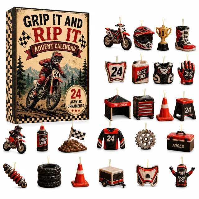 SWGOTA Motorcross-adventskalender met 24 acryl hangdecoraties, genummerde vakjes, kerstdecoratie, verpakking 26 x 18 x 3 cm Rood