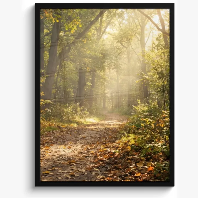 FrameYourWall Poster in lijst - Fotolijst 50x70 cm - Posters - Zonlicht - Bospad - Bomen - Posterlijst zwart - Decoratie - Wanddecoratie woonkamer - Muurdecoratie slaapkamer