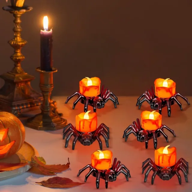 sollbry 6 Stuks Spinnenmotief LED Kaarsen - Waxinelichtjes op Batterijen - Veilig en Duurzaam - Warm Licht - Halloween Decoratie - SOLLBRY® Zwart