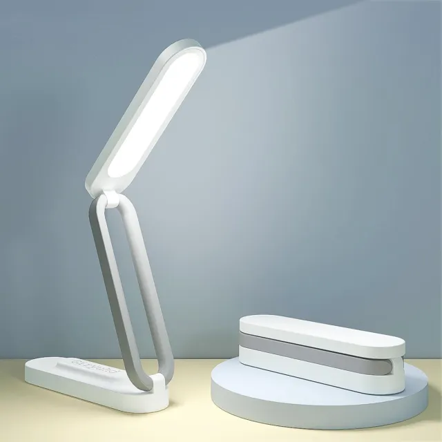 KZQ LED-bureaulamp (voor kantoor en thuis) — Oplaadbaar, inklapbaar en draagbaar ontwerp met led-lichtstrip, 3 helderheidsniveaus, compacte draadloze leeslamp (wit)