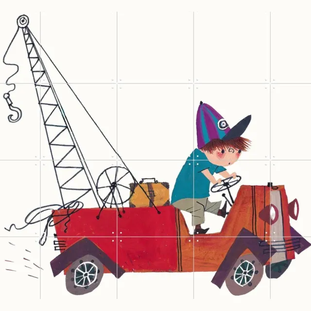 IXXI Kraanwagen II, Fiep Westendorp - 100 x 80 cm - Grote wanddecoratie en posters - Cartoonesk, Speels, Illustraties, Kleurrijk, Babykamer Rood