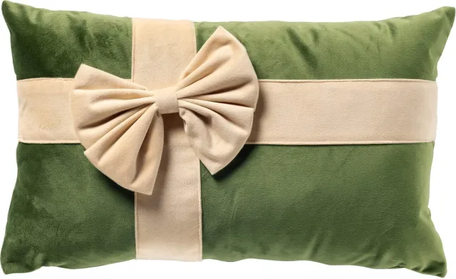 Textino CUDDLE-GIFT - sierkussen 30x50 cm - fluweel - cadeaustrik - Bronze Green - groen, beige
