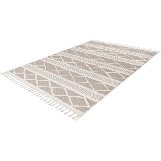 Lalee Tunis plat geweven vloerkleed Bohemian tapijt hoog en laagpolig 3d met grote franjes tijdloos 160x230cm beige