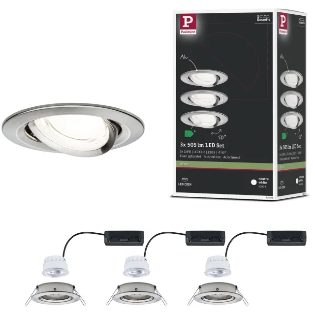 Paulmann LED-inbouwlamp Nova Coin Set van 3 rond 84 mm 50° 3x2,8W 3x505lm 230V 4000K Staal geborsteld