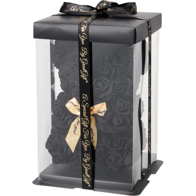 GreatGift Zwarte Rozen Beer 25 cm + 75 rozenblaadjes - in Luxe verpakking - Kunstbloemen - Rose Bear - Teddy Beer - Zwart- Romantisch Cadeau - Valentijn - Cadeau voor haar