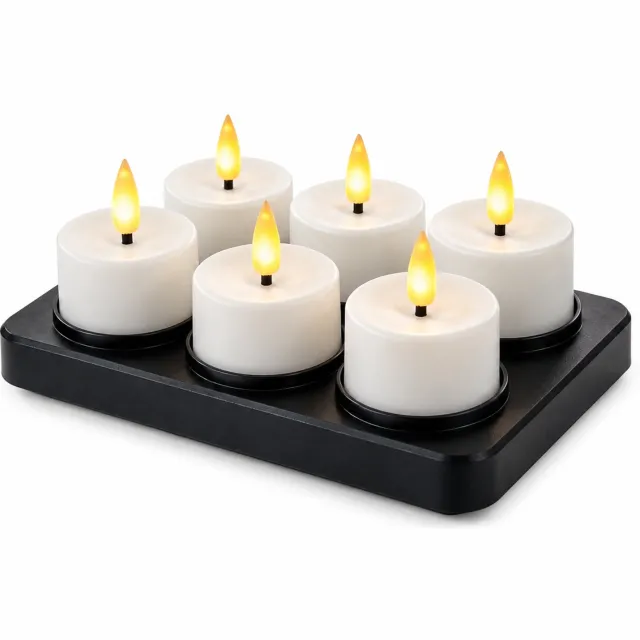 SWGOTA led kaarsen, set van 6 met zwarte oplaadbasis, witte PP-behuizing, warm licht, USB-C-oplaadbaar en op afstand bedienbaar
