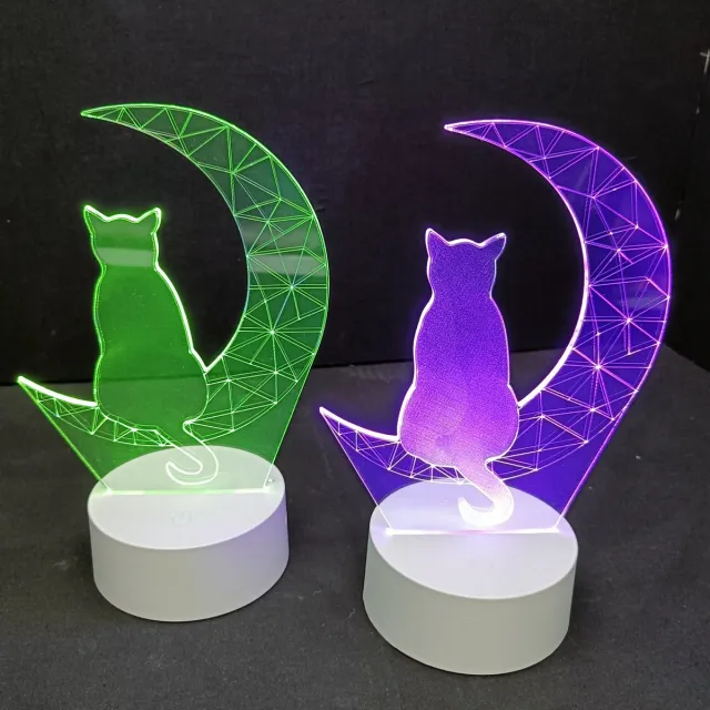 Lumiasfer Duo Nachtlamp 'Katten op maan' - Sfeerlamp - LED lamp - 3D Illusion - 7 kleuren en 4 effecten transparant;wit