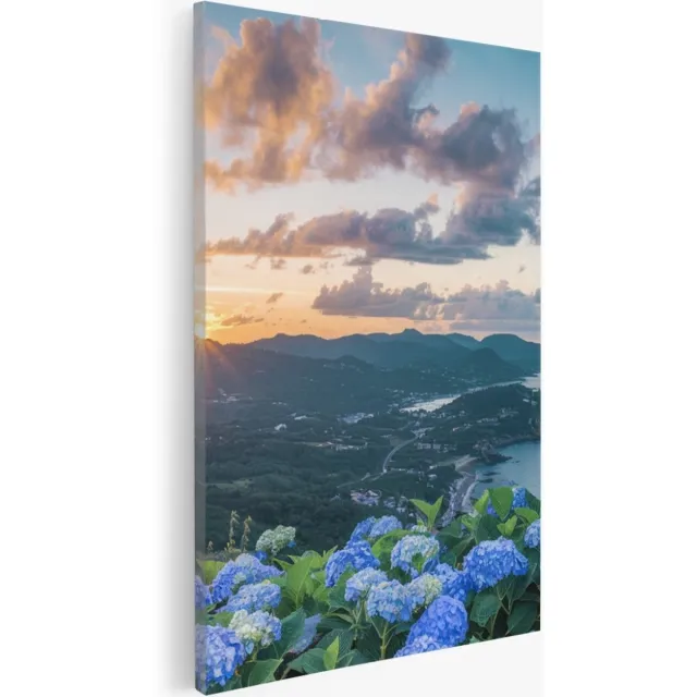 Saammp Canvas Schilderij - Bloemen aan de kust - Landschap - Natuur - 60x90 - Foto op canvas - Wanddecoratie - Muurdecoratie Woonkamer - Slaapkamer decoratie - Canvas Print Multicolor