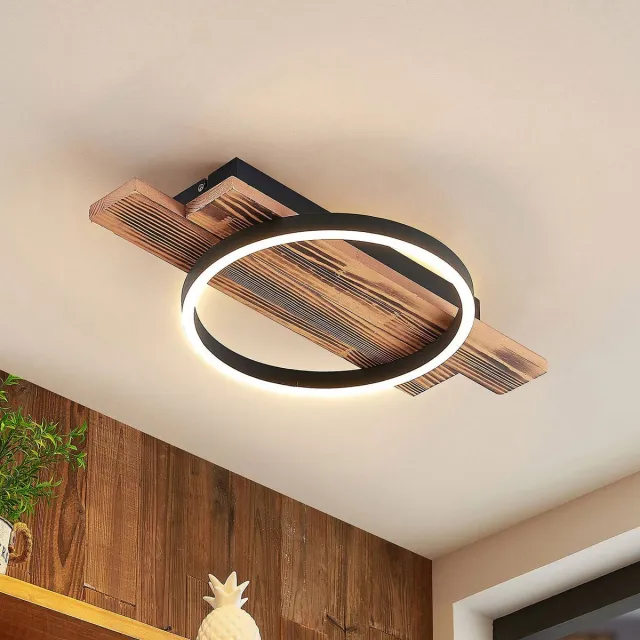 Lindby LED plafondlamp- met dimmer - 1licht - Aluminium, dennenhout - H: 5.3 cm - Licht hout - Inclusief lichtbron