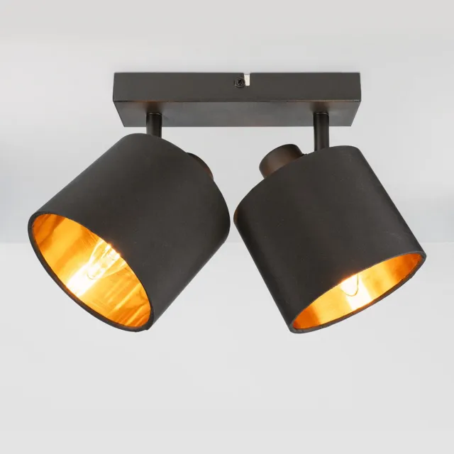 HOFTRONIC Jimmy LED Plafondspot - Stoffen kap (textiel) – 2 spots - Kantelbaar - Draaibaar - Mat Zwart en Goud - E14 fitting - IP20 - Plafondlamp