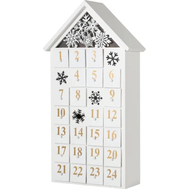 Brubaker Herbruikbare houten Adventskalender om te vullen - Wit sneeuwhuisje met LED-verlichting - Doe-het-zelf-kalender 24,3 x 45 x 8 cm