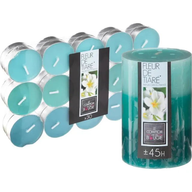 Atmosphera Geurkaarsen set - 1x stompkaars en 30x theelichtjes - Tiare bloem Turquoise