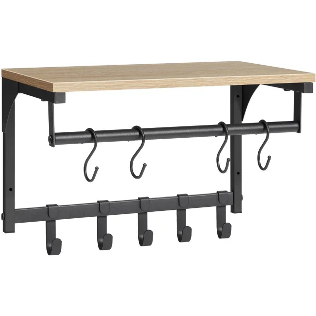 LEOBERT LCR103B11 Wandkapstok met Plank en Stang - Sonoma/Zwart - 8 Haken - 40 cm Sonoma eikenlook