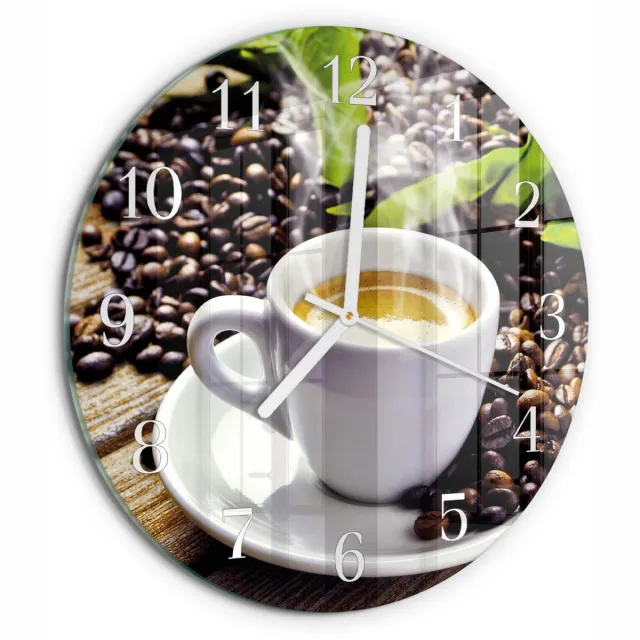 TULUP Wandklok - Kopje koffie Glazen Wandklok Design - 30fi cm - Veelkleurig Klok Glas Met Opdruk - Witte Handen - Ronde Wandklok - Wandklok Glas Decoratie - Gekleurde Glazen Klok Veelkleurig - Kopje koffie