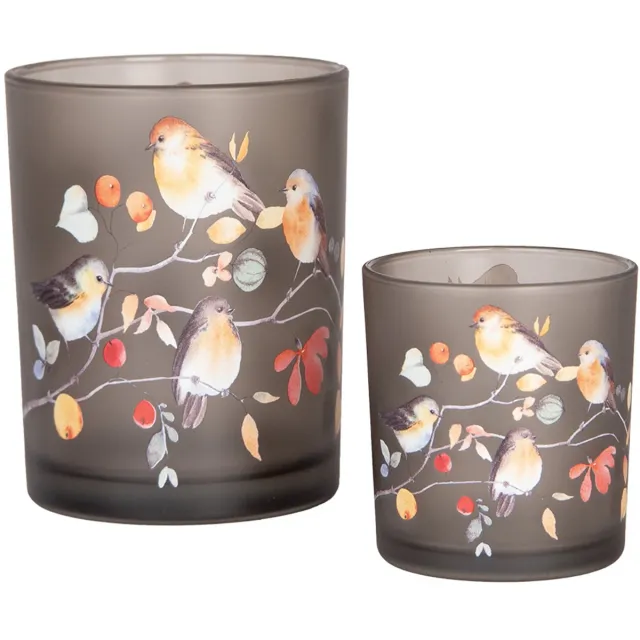Clayre & Eef Theelichthouder Set van 2 Ø 7x8 / 10x13 cm Grijs Glas Vogels op Takken