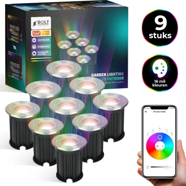 Bolt Electronics® Bolt Electronics ® Grondspots – LED Spots – Buitenlamp – Tuinspots – Tuinverlichting Lamp – Tuinlamp – Waterdicht – Dimbaar – Bluetooth – RVS – 5.5 Watt – 230V – Besturing via app – 9 stuks Multicolour - grondspot