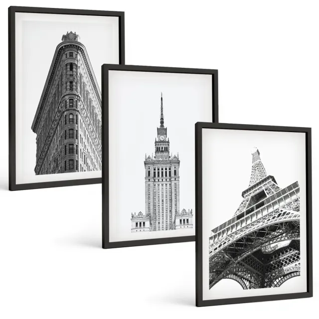 Coloray 3-Delige Schilderij Set - Architectonische Gebouwen In Zwart-Wit Minimalisme - 40 x 60 cm - Wanddecoratie - Schilderijen Set - Kantoor Zwarte lijst