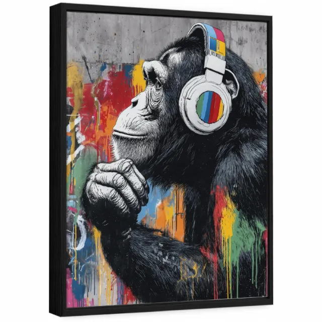 WALLARENA Schilderij op canvas in zwarte lijst - 100x70 cm - graffiti aap - wanddecoratie woonkamer en slaapkamer Veelkleurig