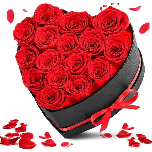 KZQ Cadeauverpakking met 16 hartvormige geconserveerde rozen - Eeuwige, echte en onsterfelijke geconserveerde rozen - Langdurige geur - Perfect cadeau voor verjaardagen, vriendinnen, moeders of echtgenotes, Valentijnsdag