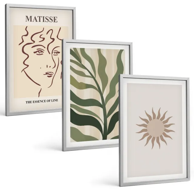 TULUP 4-Delige Schilderij Set - Abstracte plantpatronen en lijnen in gedempte kleuren. - 40 x 60 cm - Wanddecoratie - Schilderijen Set - Interieur Zilveren lijst