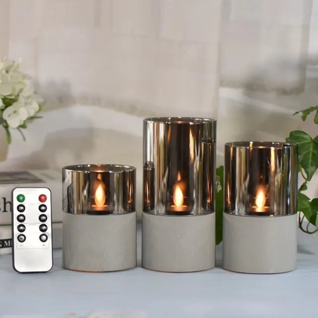 iBright Led kaarsen in Smokey glas - Set van 3 - Met Marble Beton look Grijze voet - Inclusief afstandbediening Grijs