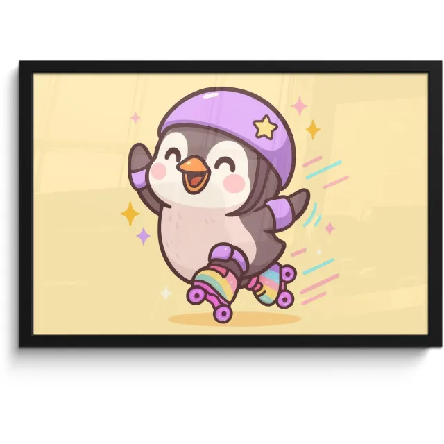 FrameYourWall Poster in lijst - Fotolijst 60x40 cm - Posters - Pinguïn - Rolschaatsen - Geel - Energiek - Posterlijst zwart - Decoratie - Wanddecoratie woonkamer - Muurdecoratie slaapkamer
