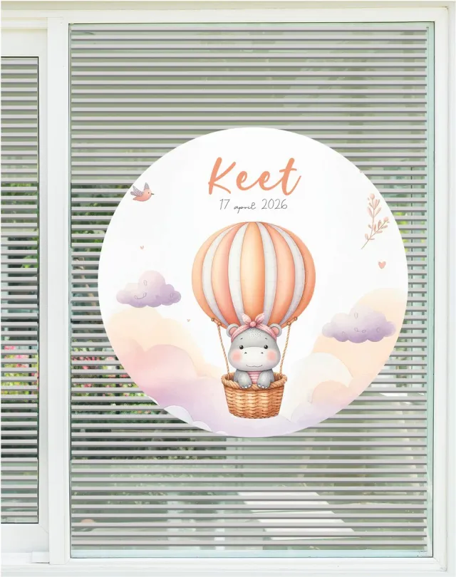 Studio Jitske Raamsticker 80cm Raambord geboortebord geboorte aankondiging Nijlpaard in luchtballon Oranje