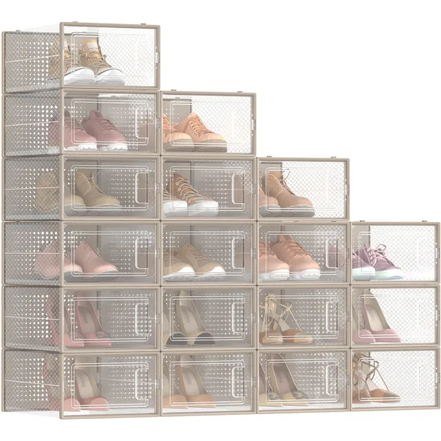 Songmics Schoenendoos - Schoenendozen Set van 18 - Opvouwbaar en Stapelbaar - Kunststof Organizer transparant-havermoutbeige