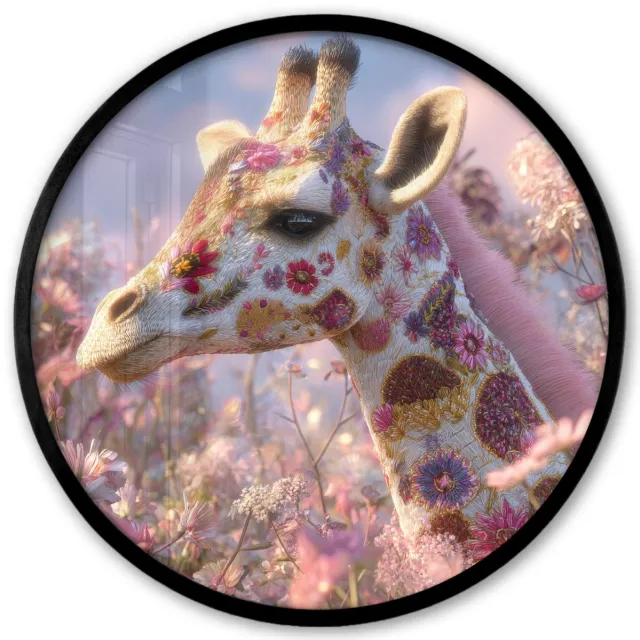 FrameYourWall Poster in lijst Rond - Fotolijst 40x40 cm - Posters - Giraffe - Bloemen - Roze - Ronde posterlijst zwart - Decoratie - Wanddecoratie woonkamer - Muurdecoratie slaapkamer