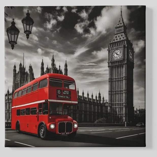 Trendex Global Vierkant Canvas Schilderij - Rode Dubbeldekker Bus- Londen - 100x100 cm Rood