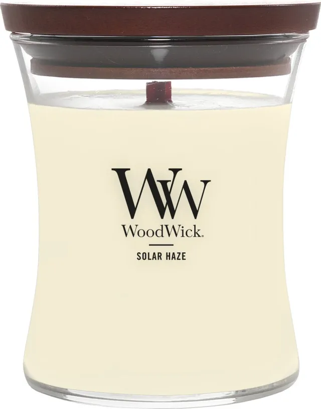 Woodwick Hourglass Medium Geurkaars - Solar Haze - 60 branduren Geel