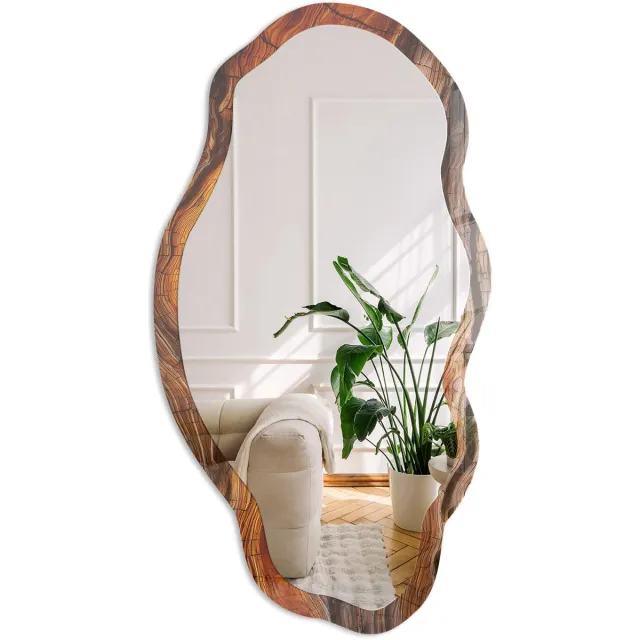 Coloray Houtstructuur Spiegel - Oranje Stijlvolle Wandspiegel - Organische Spiegel - Woonkamer, Kantoor, Slaapkamer - Rustiek - 45x90 cm - Totale afmeting 52x97 cm Houtstructuur, Oranje