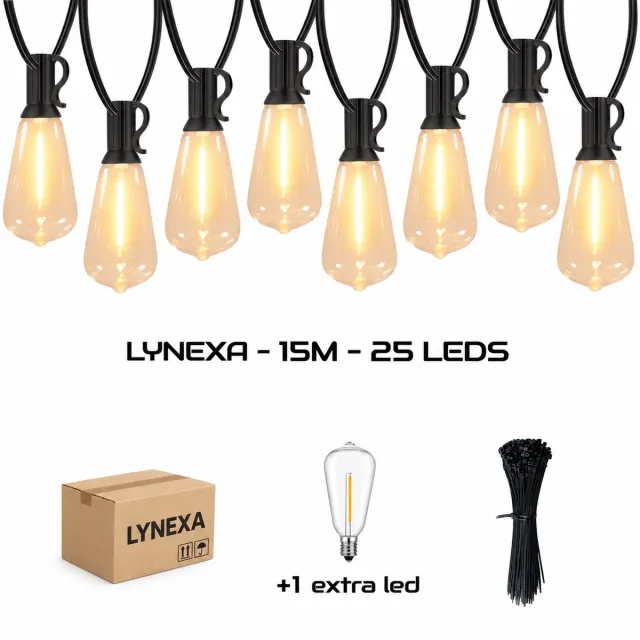 LYNEXA ST38 - Lichtsnoer Buiten - 15m - 25 LED Warm Wit 2700K - Met EU Stekker - Kerstverlichting voor Buiten - IP44 Waterdicht - Energiezuinig - Koppelbaar - Sfeervolle Winter Prikkabel - Tuinverlichting - 1 Extra Lampje - Inclusief Kabelbinders