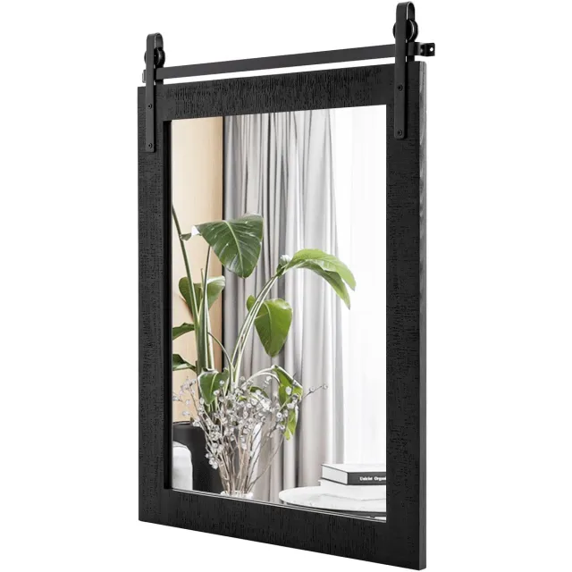 Costway vierkante spiegel met houten frame, 76.5 x 56 cm, rustieke wandspiegel, breukvaste hangspiegel met metalen standaard, voor hal, woonkamer, slaapkamer (zwart)